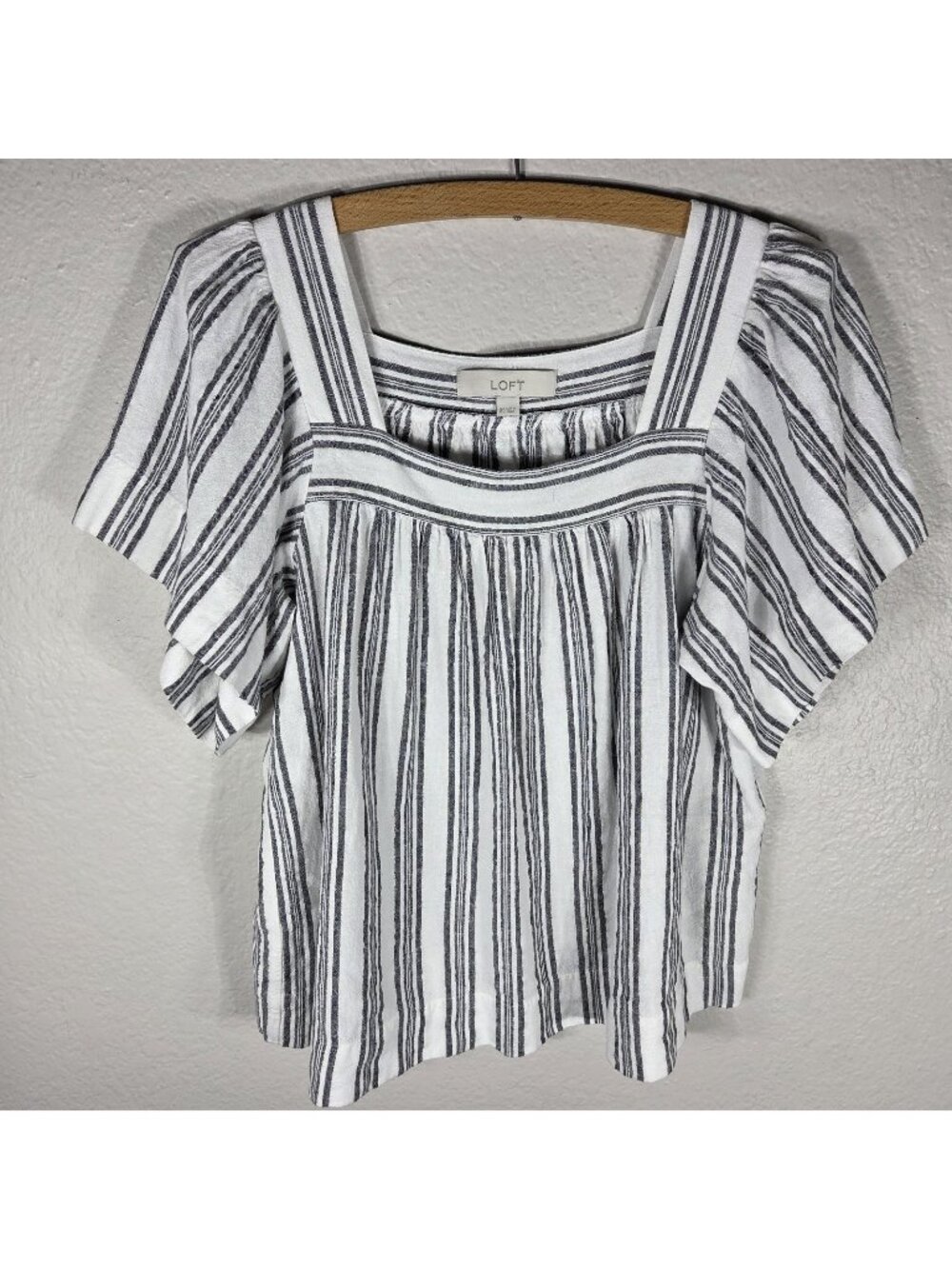 LOFT Linen Blend Square Neck Striped Top Peasant Shirt Size XS White Gray
